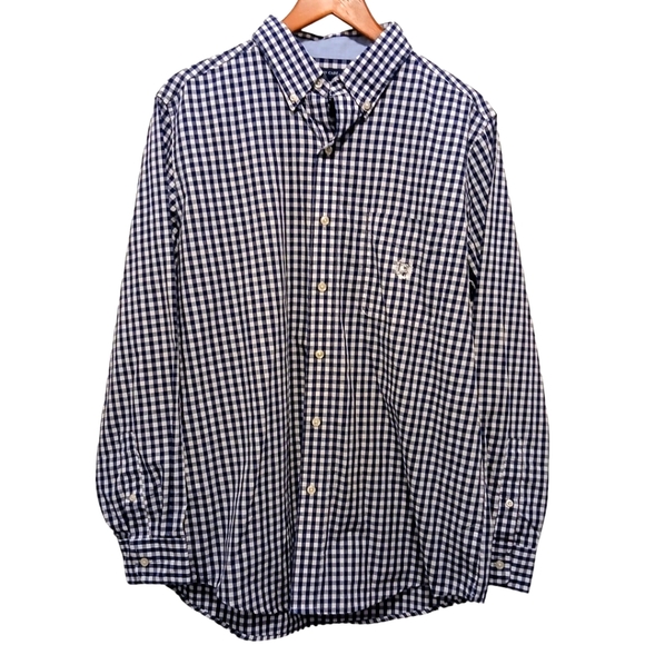 CHAPS Men's M Navy Blue Checked Long Sleeve Button Down Casual Shirt - Picture 8 of 8